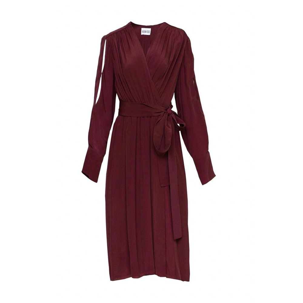 Room 502 Beatrice Wrap Dress 10 Bordeaux Red Long Sleeve Midi Silk-Like Viscose